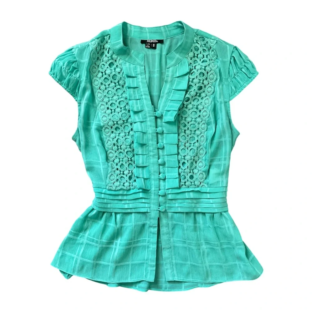 Turquoise Lace Ruffle Blouse - Picture 3 of 4